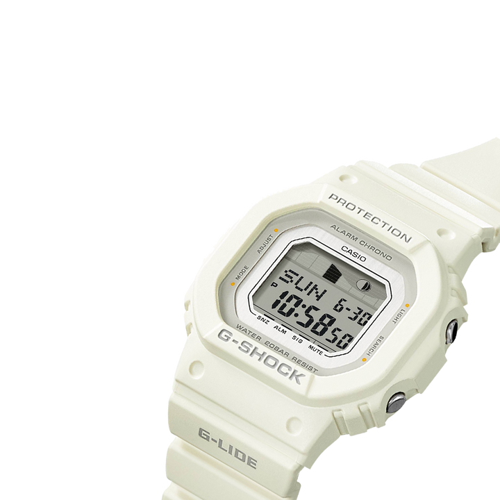 detalhe do mostrador branco do relógio casio g-shock g-lide com pulseira e caixa branca