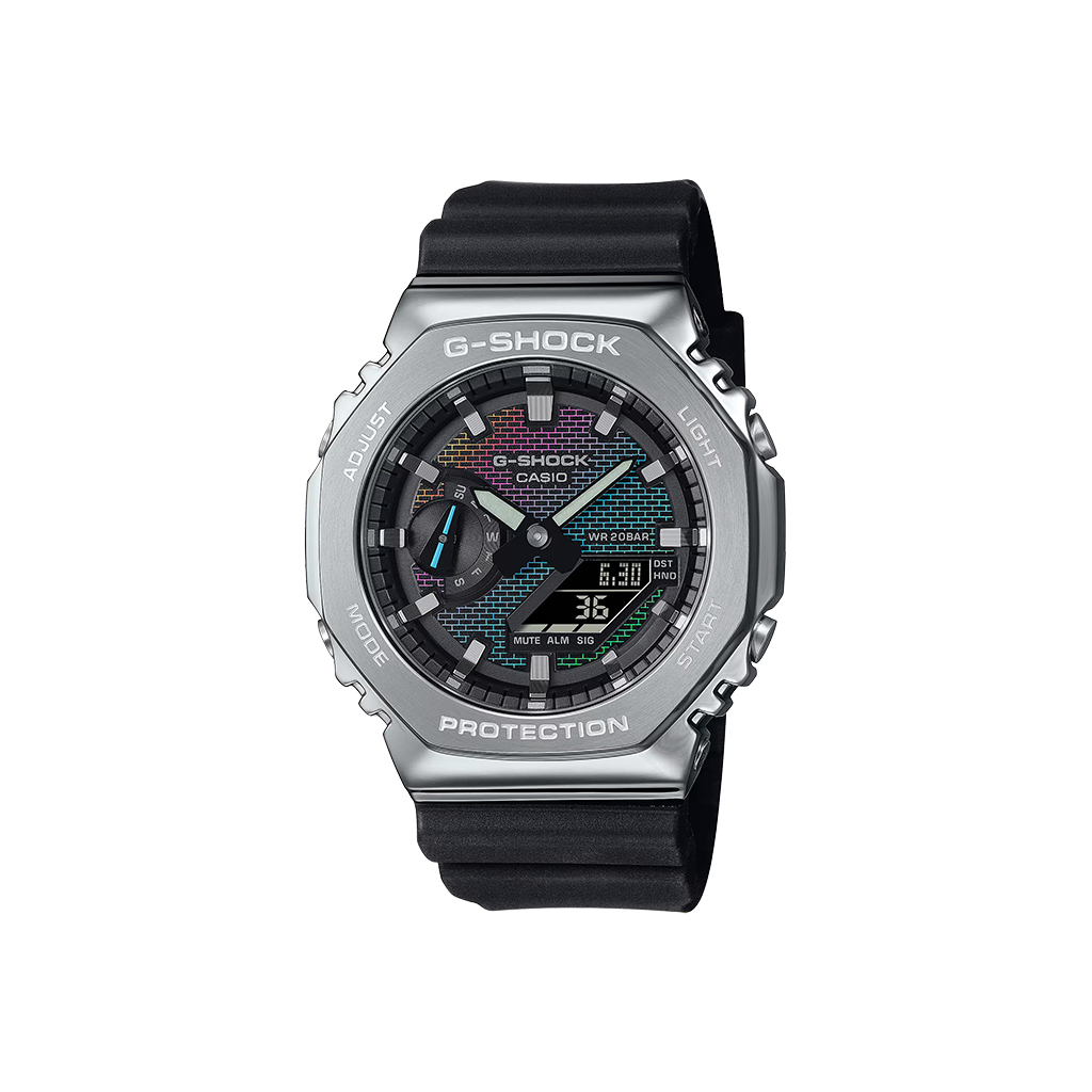 Relógio G-Shock Classic pulseira preta, caixa prateada e mostrador arco-íris