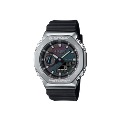 Relógio G-Shock Classic pulseira preta, caixa prateada e mostrador arco-íris