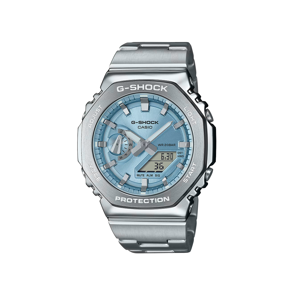 Relógio Casio G-Shock G-Steel prateado com mostrador azul claro