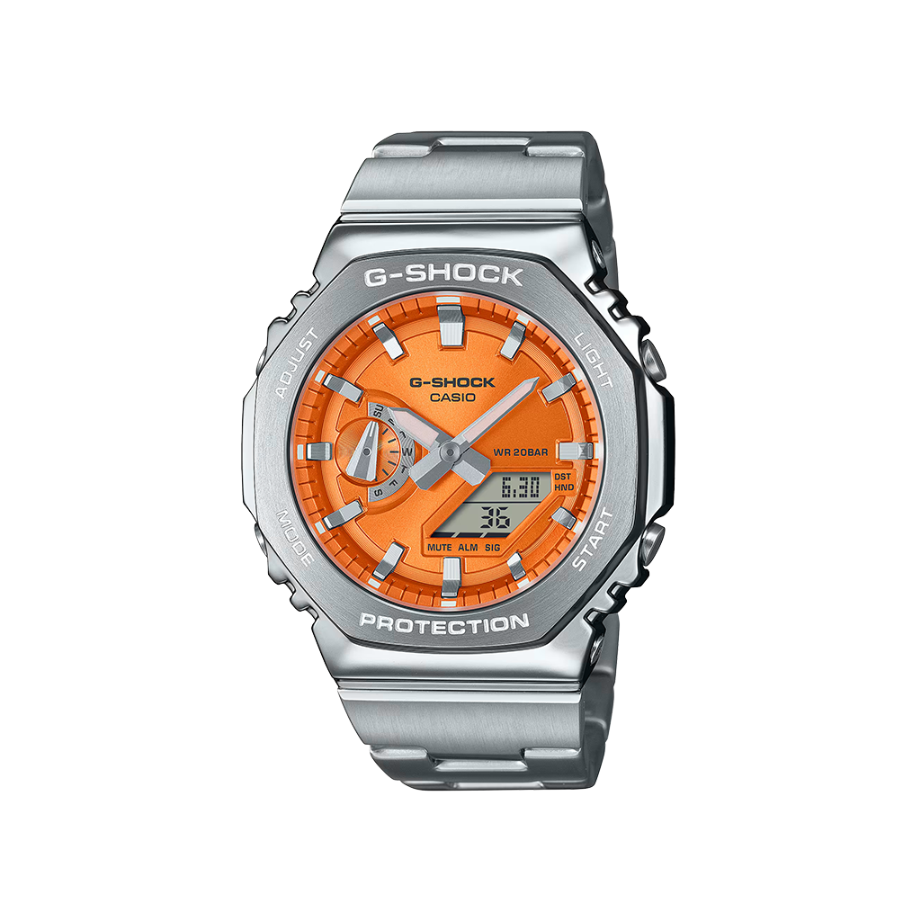 Relógio Casio G-Shock G-Steel prateado com mostrador laranja
