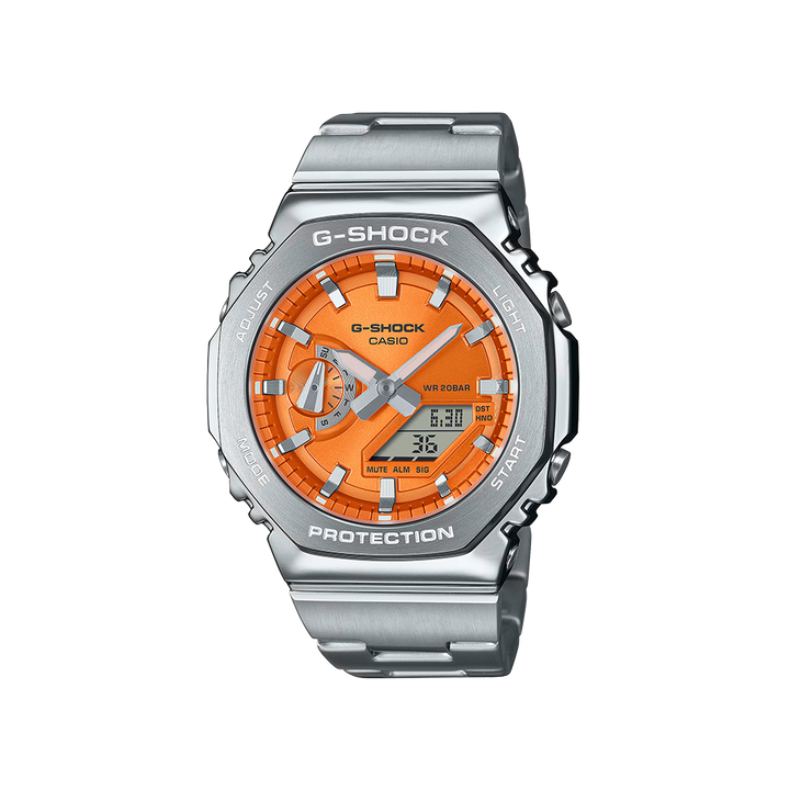 Relógio Casio G-Shock G-Steel prateado com mostrador laranja