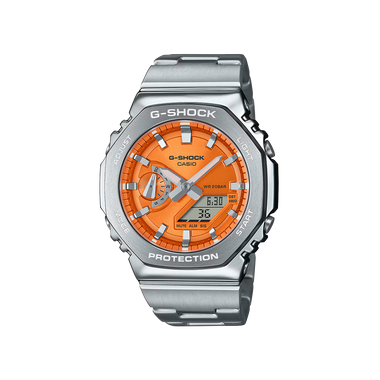 Relógio Casio G-Shock G-Steel prateado com mostrador laranja