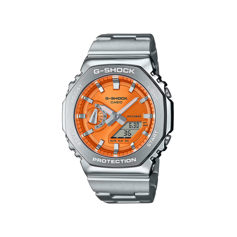Relógio Casio G-Shock G-Steel prateado com mostrador laranja