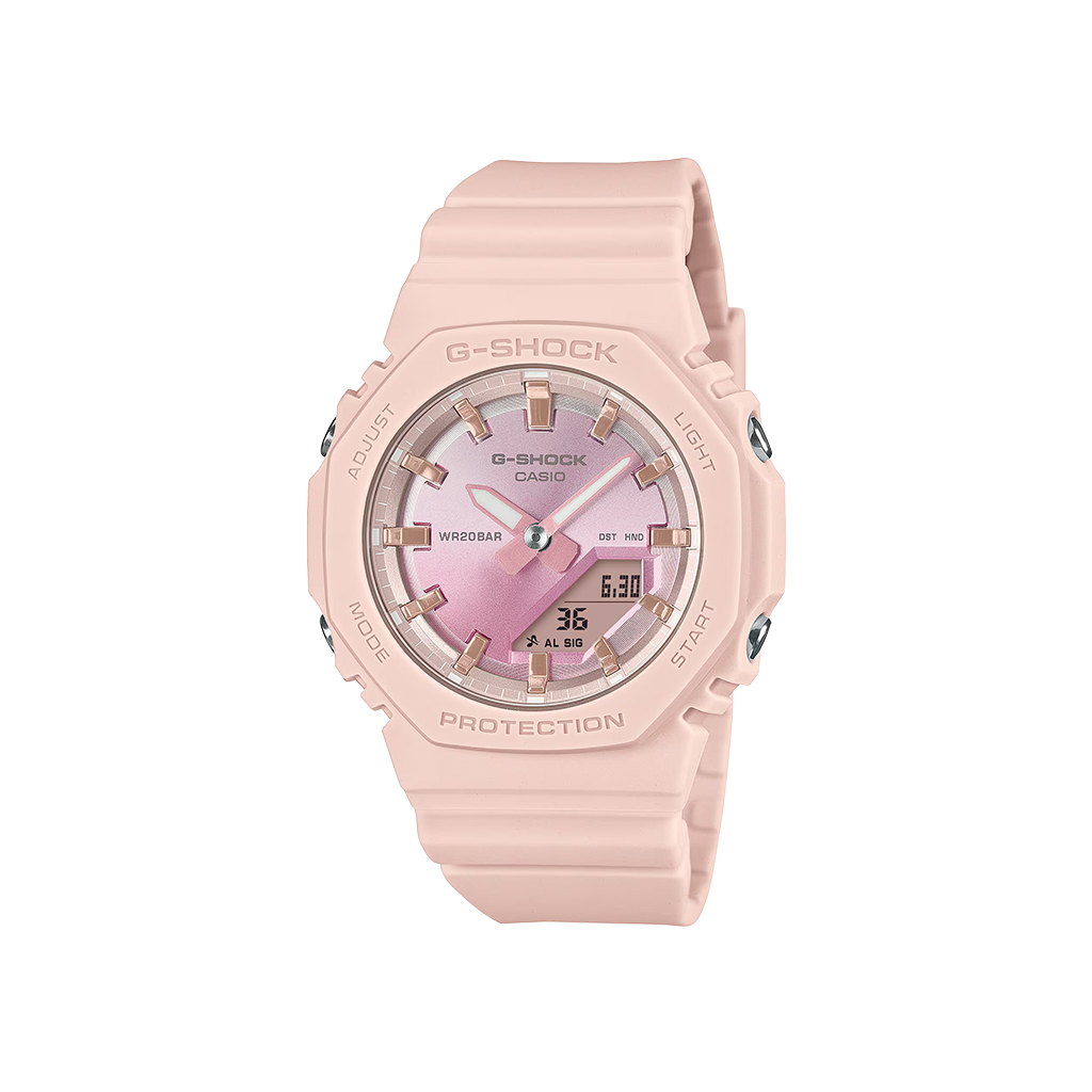 imagem frontal do relógio CASIO Shock Classic Light Pink em rosa claro e criado com materiais ambientalmente responsáveis
