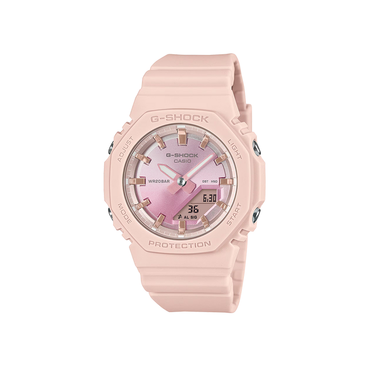 imagem frontal do relógio CASIO Shock Classic Light Pink em rosa claro e criado com materiais ambientalmente responsáveis