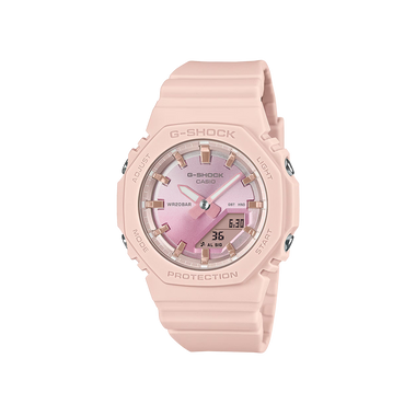imagem frontal do relógio CASIO Shock Classic Light Pink em rosa claro e criado com materiais ambientalmente responsáveis