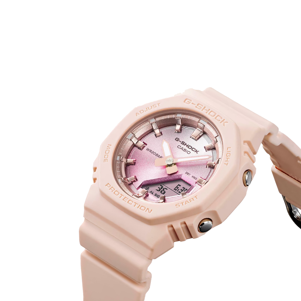 imagem do mostrador do CASIO Shock Classic Light Pink um look minimalista e elegante em cor-de-rosa claro