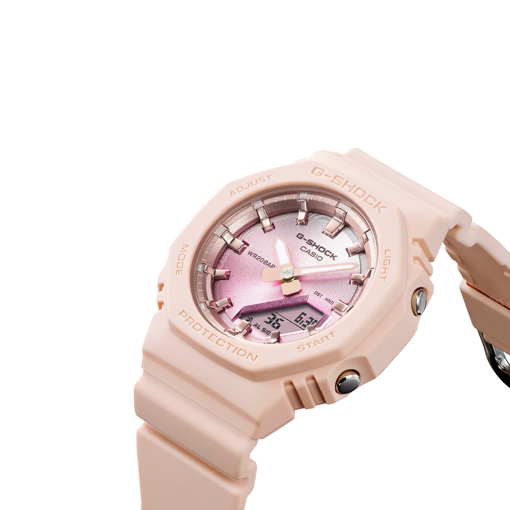 imagem do mostrador do CASIO Shock Classic Light Pink um look minimalista e elegante em cor-de-rosa claro