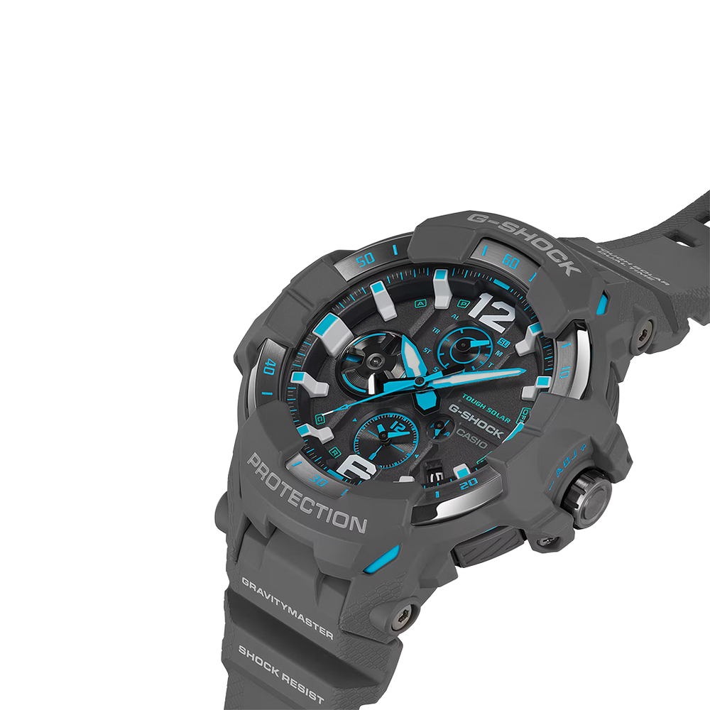 Mostrador aproximado do Relógio G-Shock Master of G GravityMaster cinzento com mostrador preto e detalhes azuis