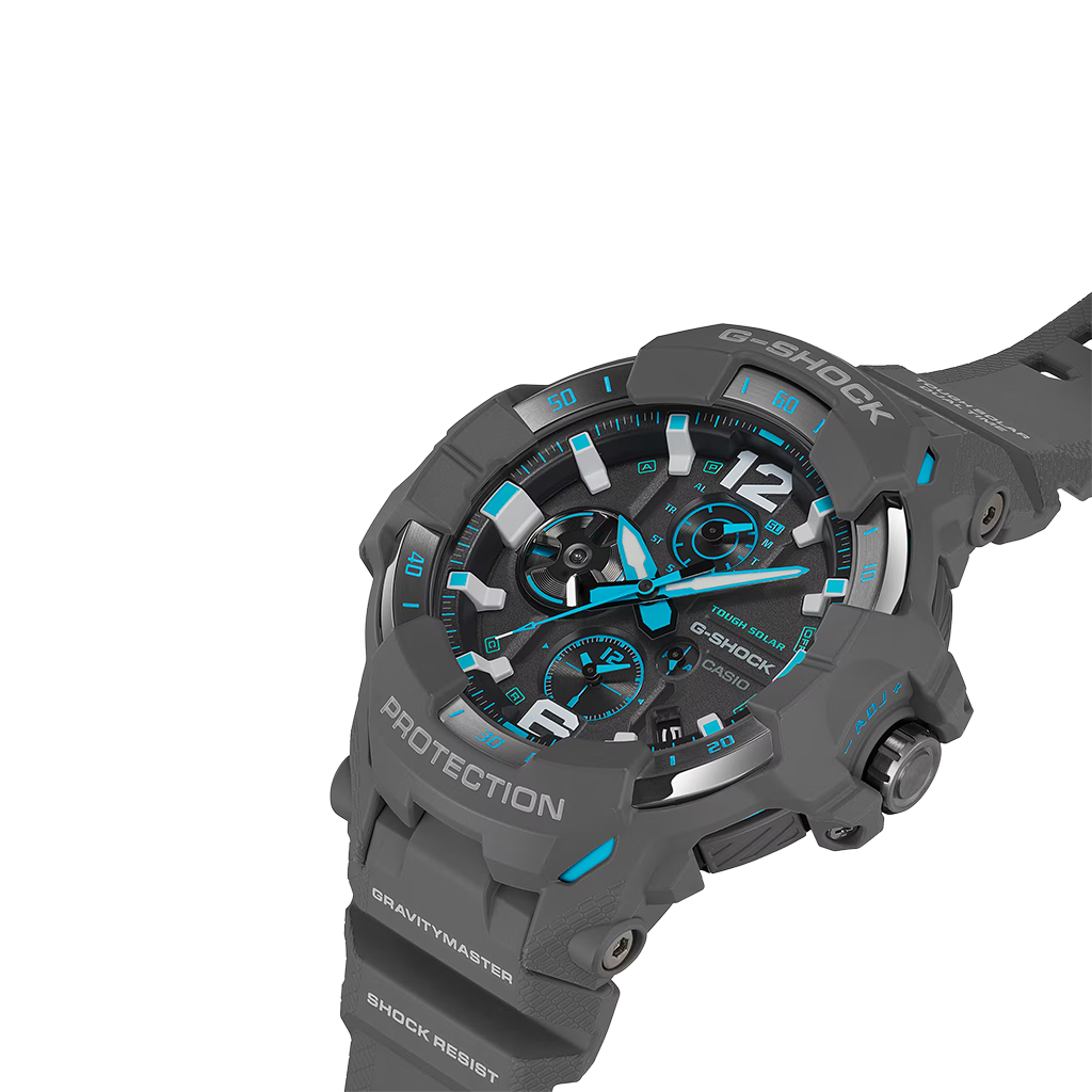 Mostrador aproximado do Relógio G-Shock Master of G GravityMaster cinzento com mostrador preto e detalhes azuis