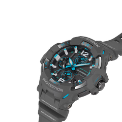Mostrador aproximado do Relógio G-Shock Master of G GravityMaster cinzento com mostrador preto e detalhes azuis