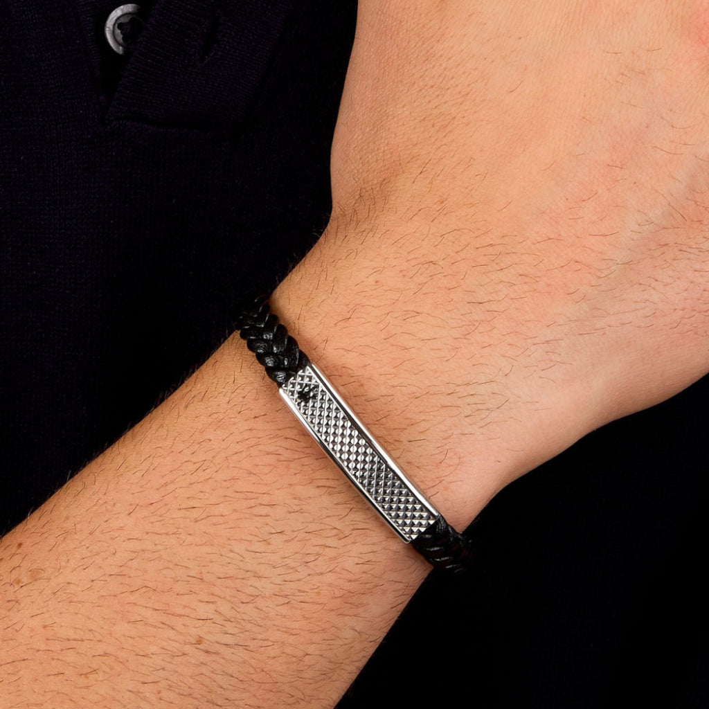 Pulseira Recycled Leather Black-Silver