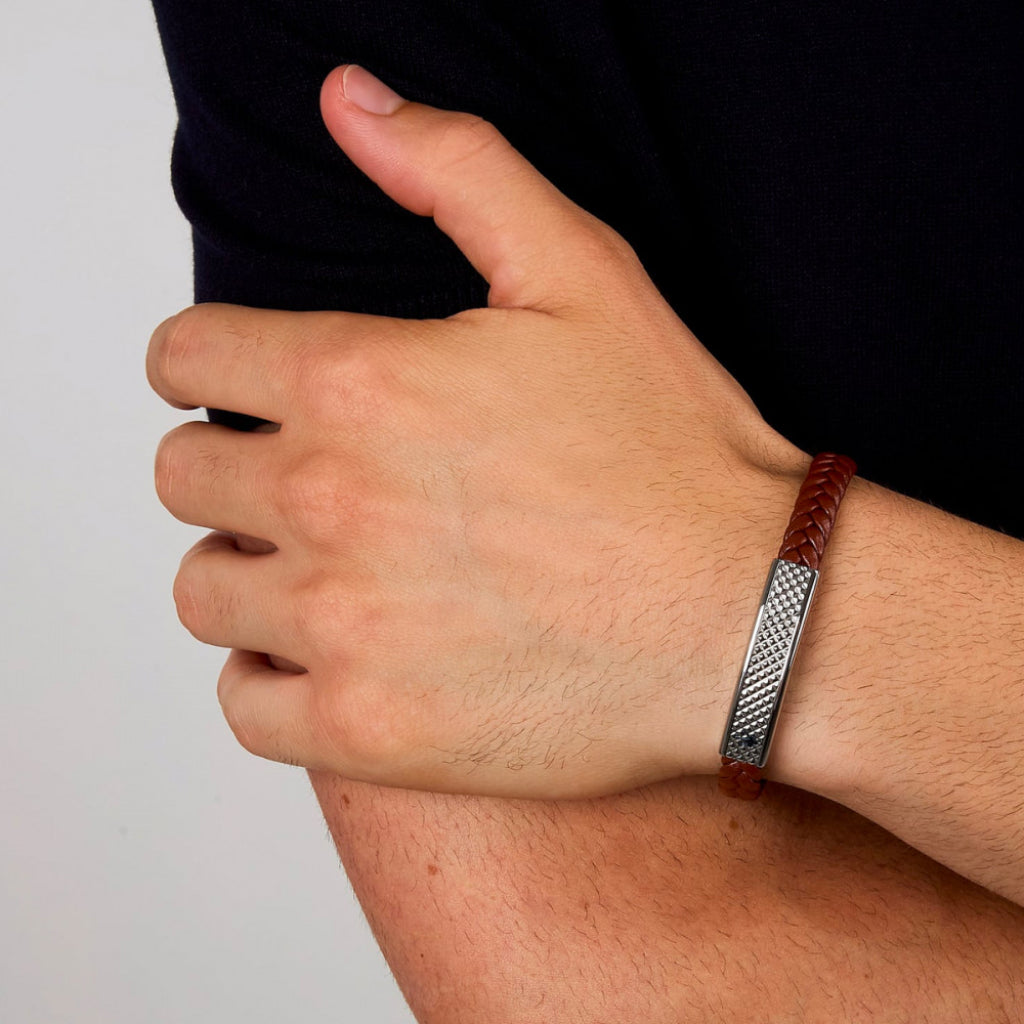 Pulseira Recycled Leather Brown-Silver