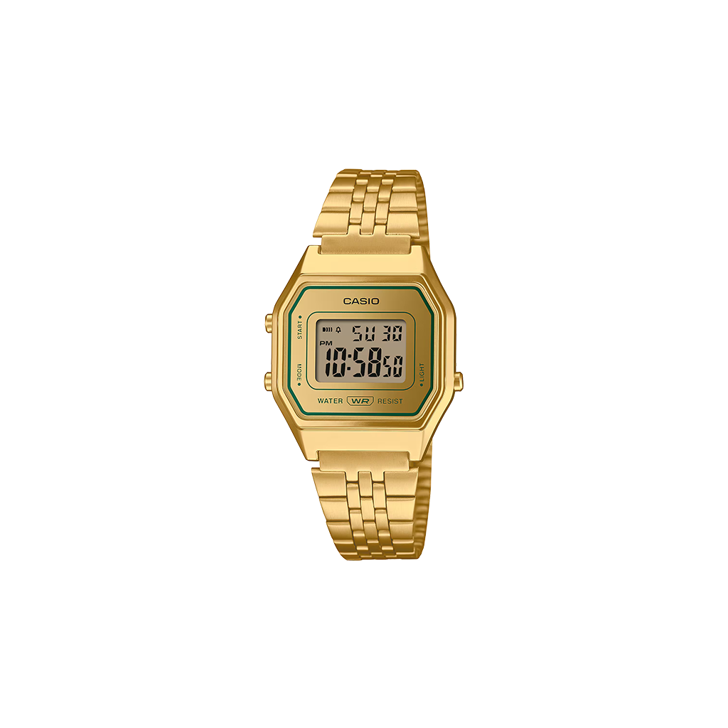 Relógio Casio Vintage Iconic totalmente prateado com detalhe verde