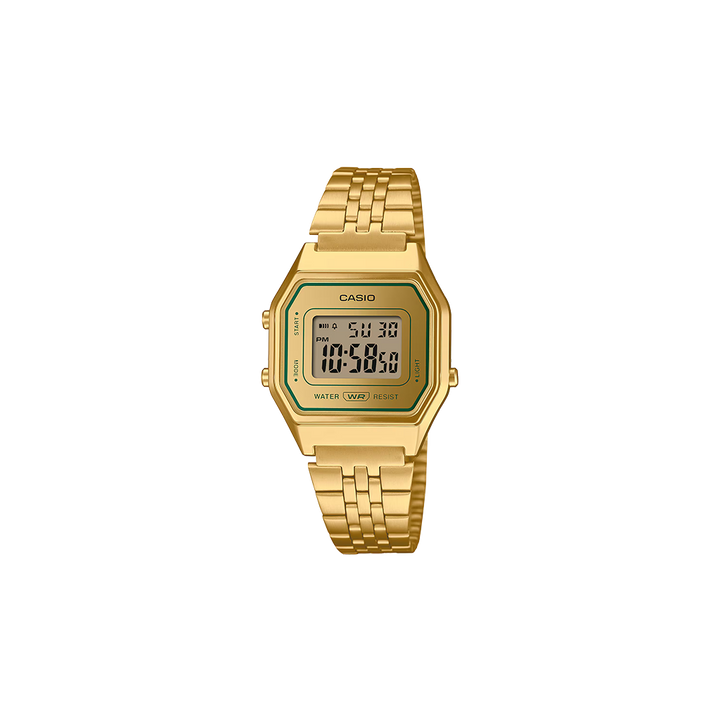 Relógio Casio Vintage Iconic totalmente prateado com detalhe verde