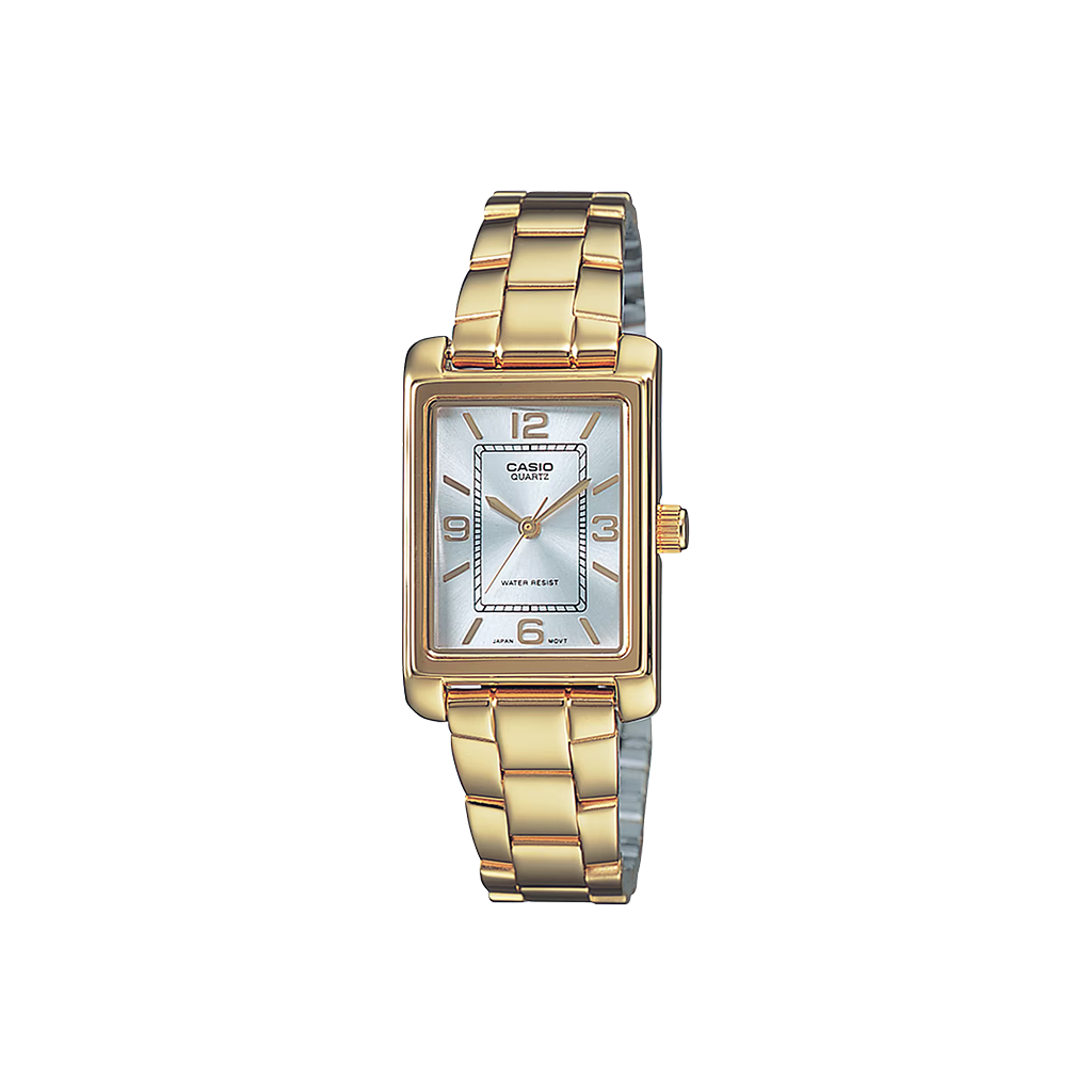 Relógio Timeless dourado com mostrador numérico e romano branco