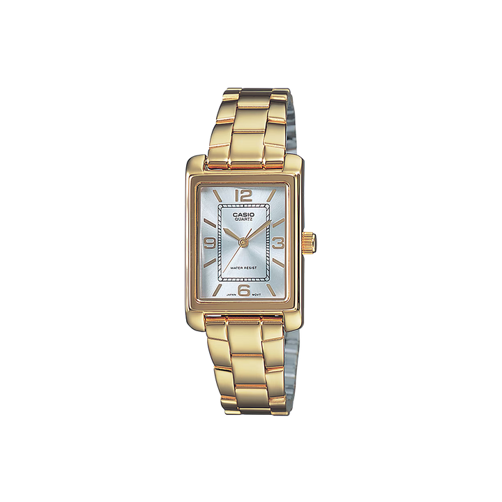 Relógio Timeless dourado com mostrador numérico e romano branco