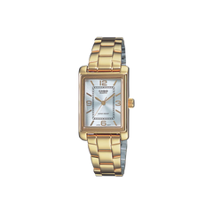 Relógio Timeless dourado com mostrador numérico e romano branco