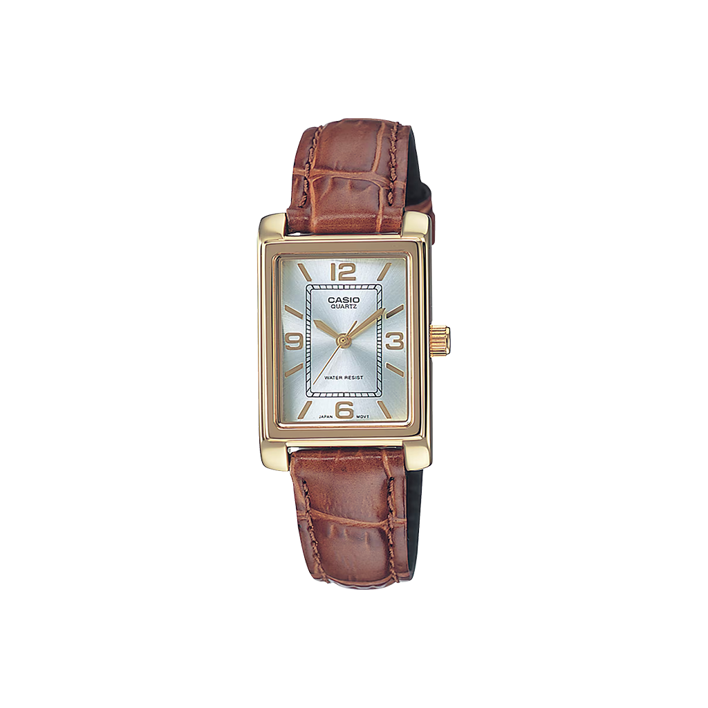 Relógio Casio Timeless com pulseira couro castanha e mostrador branco e caixa dourada