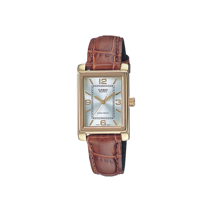 Relógio Casio Timeless com pulseira couro castanha e mostrador branco e caixa dourada