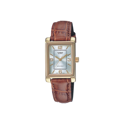 Relógio Casio Timeless com pulseira couro castanha e mostrador branco e caixa dourada