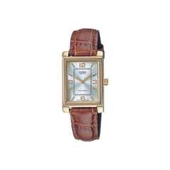 Relógio Casio Timeless com pulseira couro castanha e mostrador branco e caixa dourada