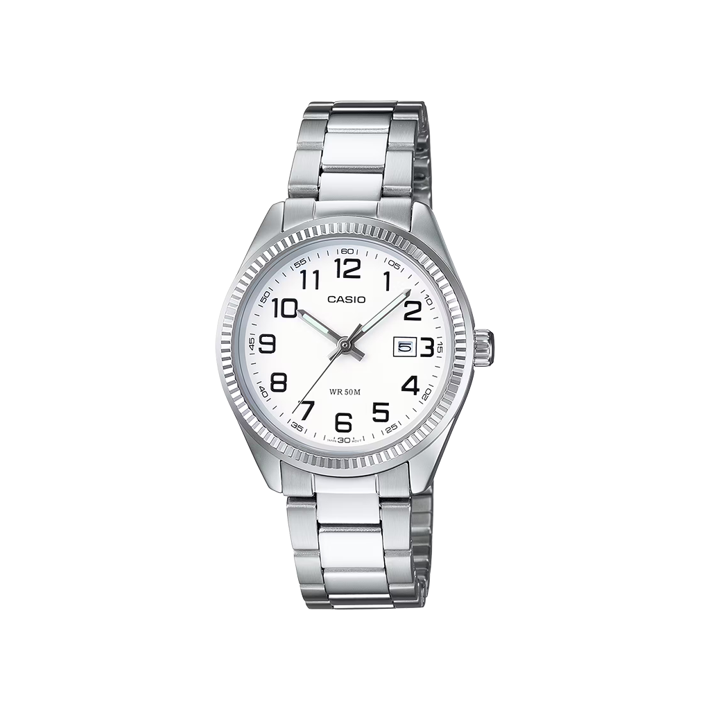 Relógio Timeless prateado com mostrador numérico branco