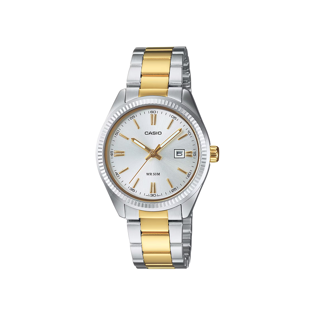 Relógio Timeless dourado e prateado com mostrador prateado