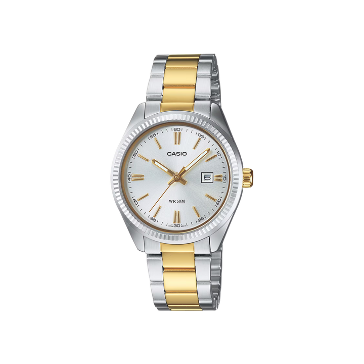 Relógio Timeless dourado e prateado com mostrador prateado