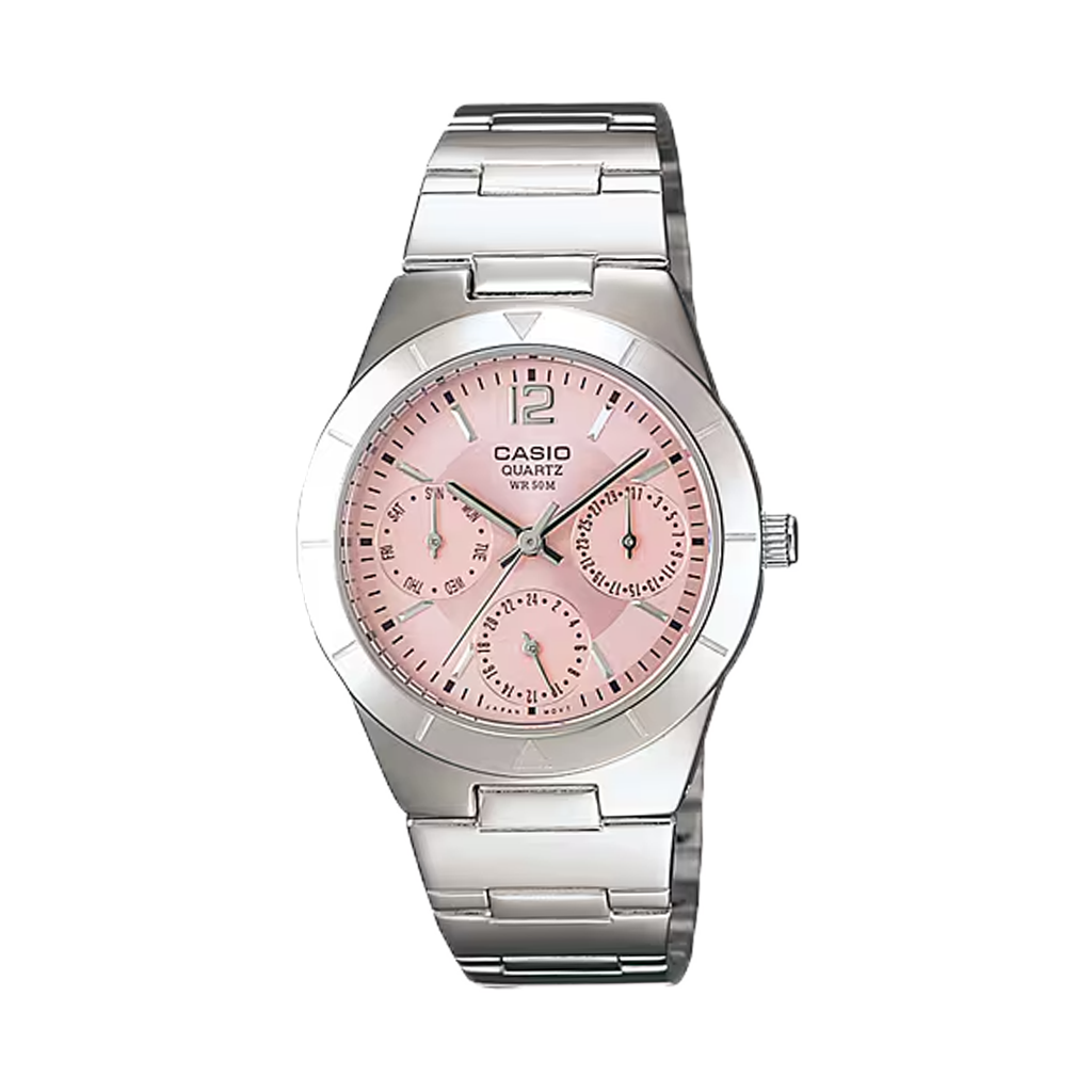 Relógio Casio Timeless prateado com mostrador rosa