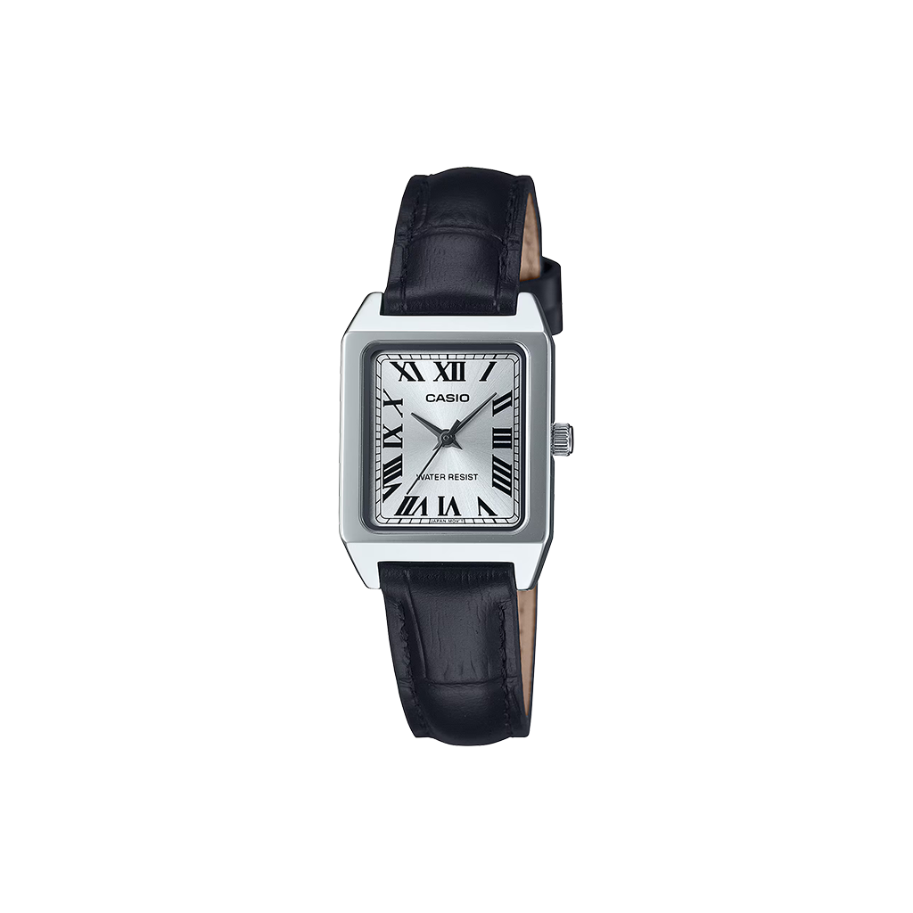 Relógio Casio Timeless Standard com pulseira de couro preta e mostrador romano em branco
