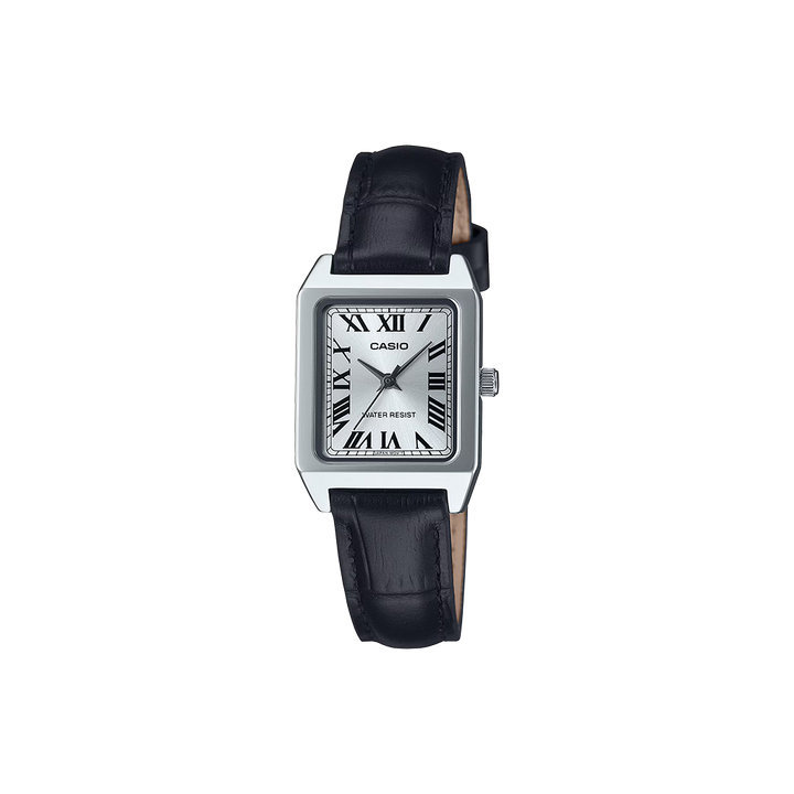 Relógio Casio Timeless Standard com pulseira de couro preta e mostrador romano em branco