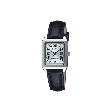 Relógio Casio Timeless Standard com pulseira de couro preta e mostrador romano em branco