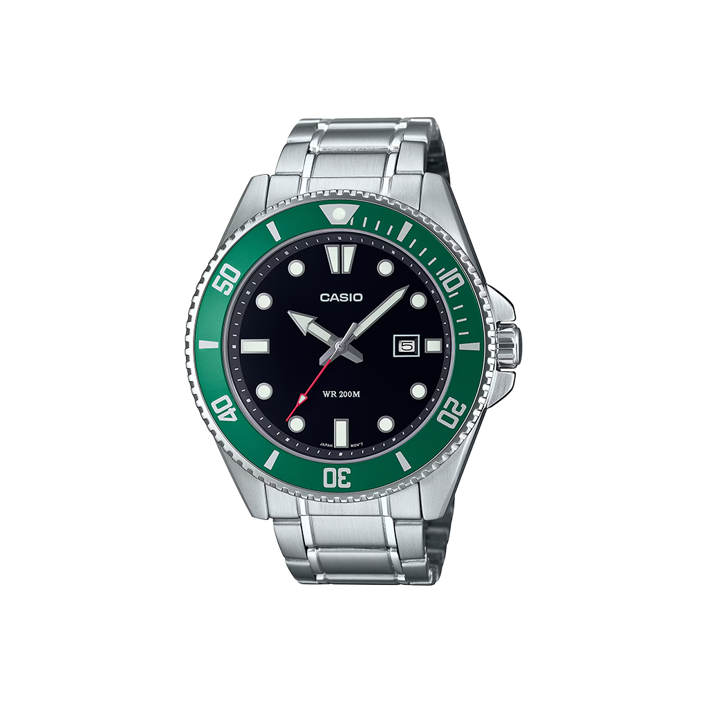 Relógio Casio Standard Prateado com coroa de segundos e horas verde e mostrador preto