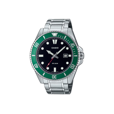 Relógio Casio Standard Prateado com coroa de segundos e horas verde e mostrador preto