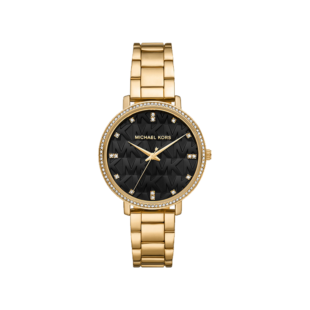 Relógio Michael Kors Pyper dourado com logotipo no mostrador preto