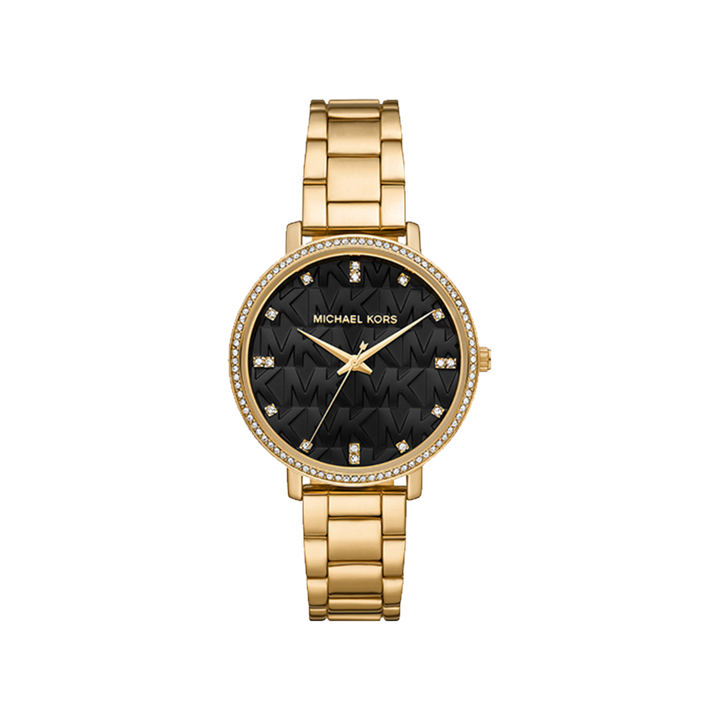 Relógio Michael Kors Pyper dourado com logotipo no mostrador preto