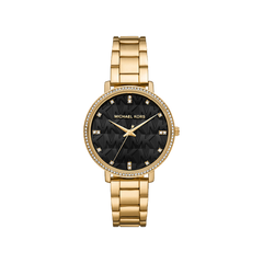 Relógio Michael Kors Pyper dourado com logotipo no mostrador preto