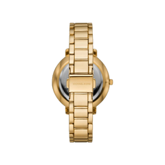 Bracelete do Relógio Michael Kors Pyper dourado com logotipo no mostrador preto