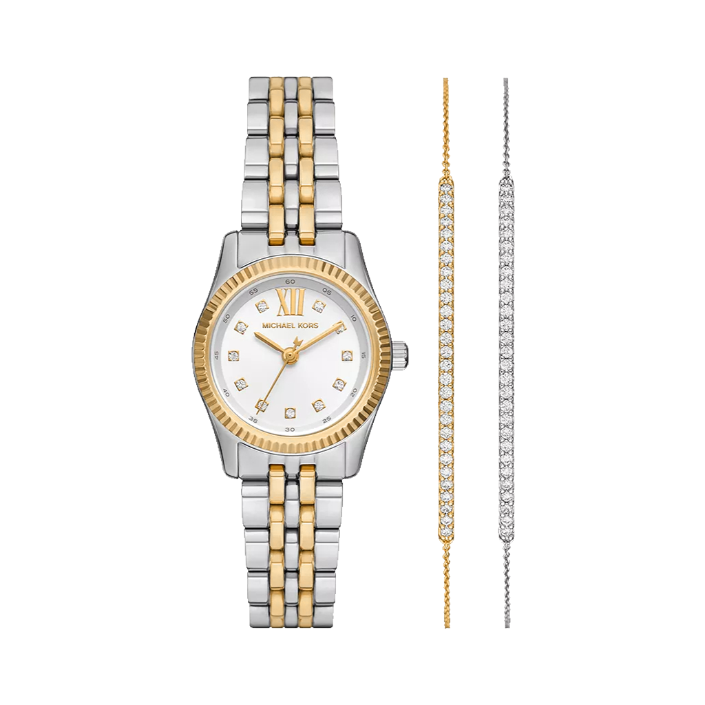 Conjunto de Relógio Michael Kors Lexington prateado e dourado com Pulseiras prateada e rosa dourada com zircónias