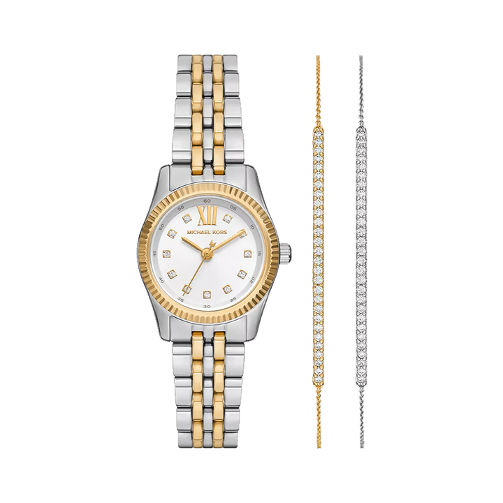 Conjunto de Relógio Michael Kors Lexington prateado e dourado com Pulseiras prateada e rosa dourada com zircónias