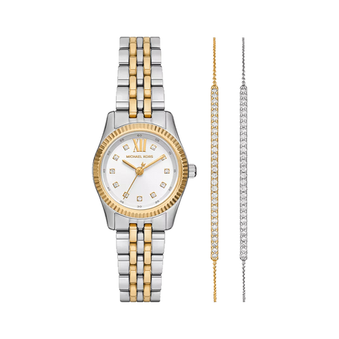 Conjunto de Relógio Michael Kors Lexington prateado e dourado com Pulseiras prateada e rosa dourada com zircónias
