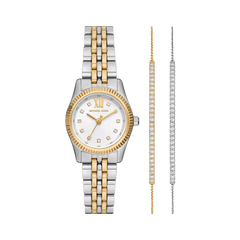 Conjunto de Relógio Michael Kors Lexington prateado e dourado com Pulseiras prateada e rosa dourada com zircónias