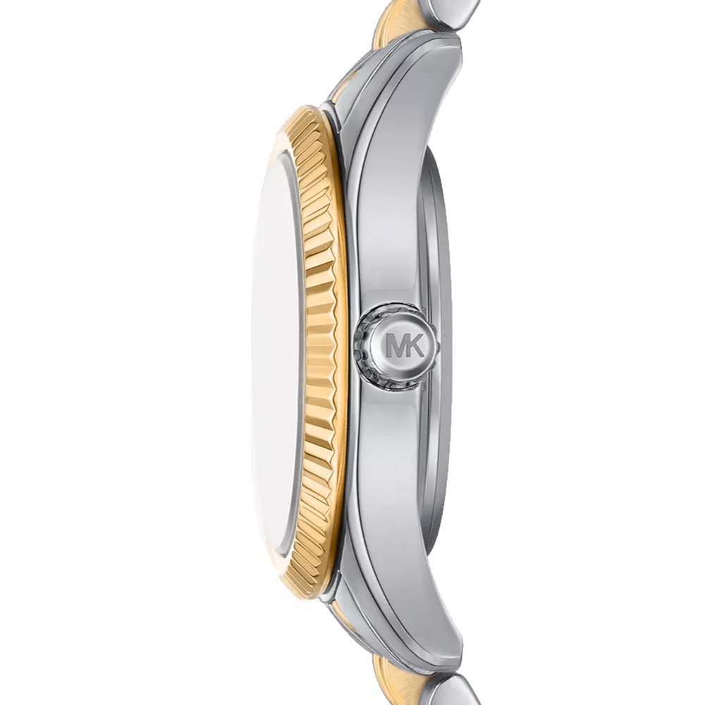 Lateral da caixa do relógio Michael Kors Lexington prateado e dourado