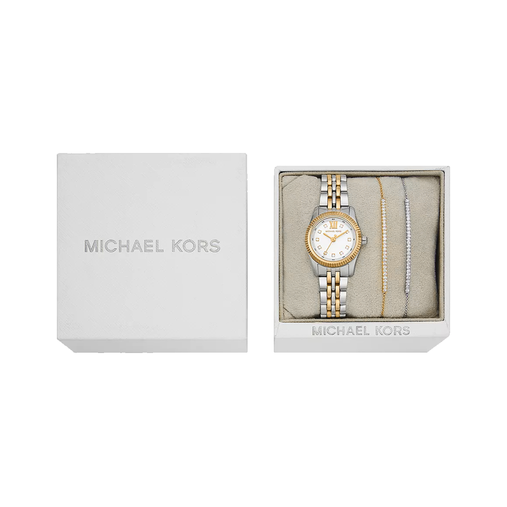 Caixa aberta do conjunto de Relógio Michael Kors Lexington prateado e dourado com Pulseiras prateada e dourada com zircónias