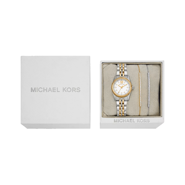 Caixa aberta do conjunto de Relógio Michael Kors Lexington prateado e dourado com Pulseiras prateada e dourada com zircónias