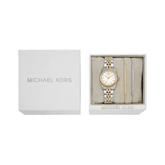 Caixa aberta do conjunto de Relógio Michael Kors Lexington prateado e dourado com Pulseiras prateada e dourada com zircónias