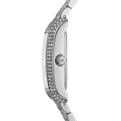 Vista lateral do Relógio Michael Kors Mini Emery Pavé prateado com mostrador romano azul