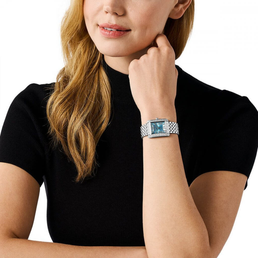 Pulso senhora com Relógio Michael Kors Mini Emery Pavé prateado com mostrador romano azul